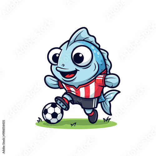 Cute Fish Soccer Player Dribbling Ball on Green Grass Cartoon Vector Illustration