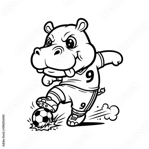 Strong Hippo Soccer Player Kicking Ball Hard Monochrome Cartoon Vector Illustration