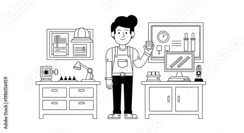 Woodworking workshop with craftsman and tools on benches