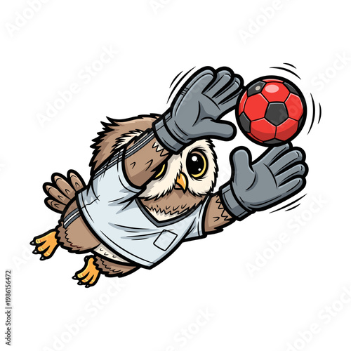 Cute Owl Goalkeeper Diving to Catch Soccer Ball Cartoon Vector Illustration