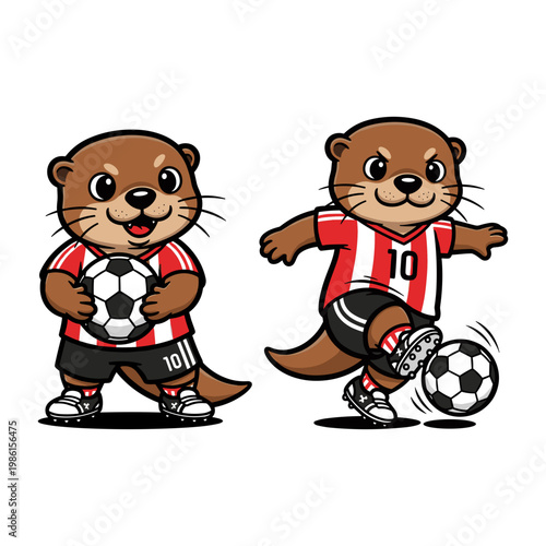 Two Cute Otters Playing Soccer One Holding Ball One Kicking Cartoon Vector Illustration