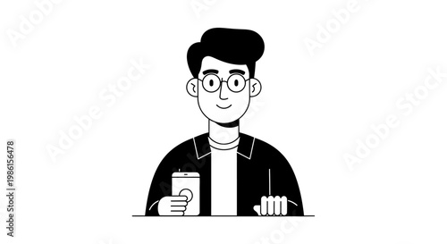 Young man with smartphone and drink at desk