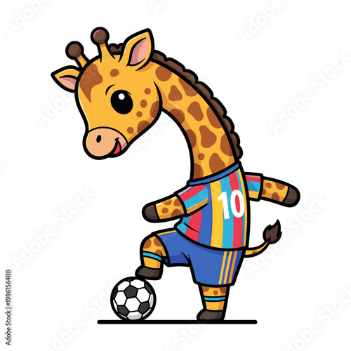 Cute Giraffe Soccer Player Dribbling Ball in Striped Uniform Cartoon Vector Illustration