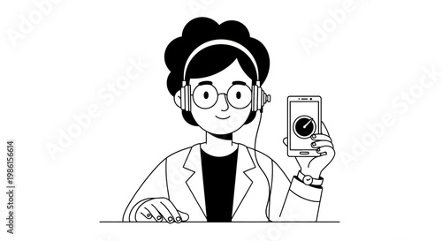 Woman with headphones and smartphone presenting audio playback