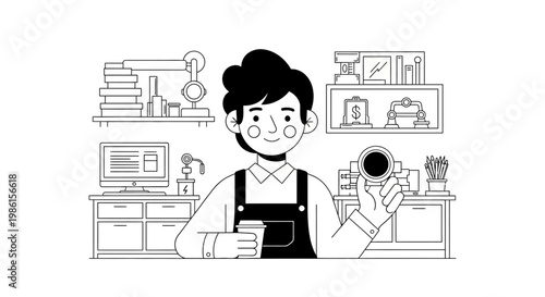 Barista with Cup and Coffee Shop Setup
