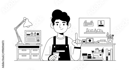 Craftsman at work in a workshop with tools and storage