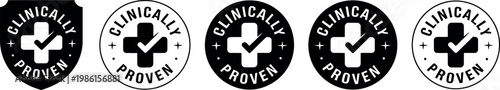 Clinically proven medical symbols and badges with cross and check mark  medical guarantee icons