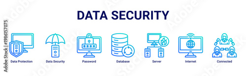 Data Security web banner icon vector illustration with icons of Data Protection, Data Security, Password, Database, Server, Internet and Connected