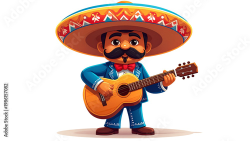 Cheerful cartoon character playing a guitar with a sombrero Vector