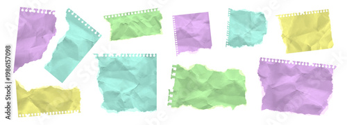 Torn ripped notebook colorful papers teture with cut sheets collage piece. Realistic blank tear edge effect blue green purple pink and yellow crumpled cardboard. Vector bundle kit