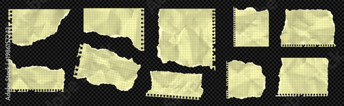 Legal paper square lined collection of torn ripped rip and grid notebook yellow sheet. Craft math cardboard with folded crumpled school note. Set bundle kit of wrinkled leaf piece graph for collage.