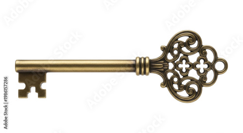 Vintage ornate brass key with intricate floral design isolated on transparent background