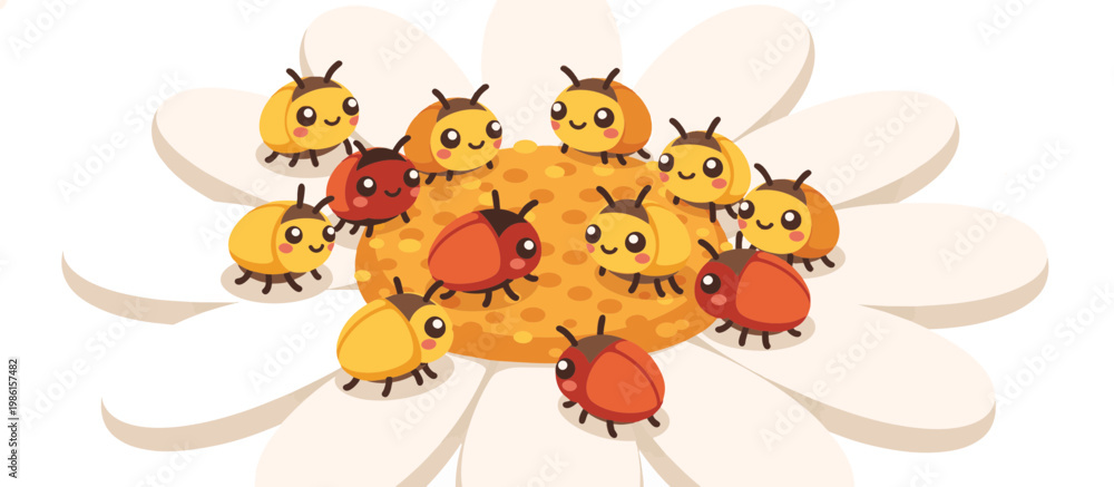Obraz premium Cartoon soldier beetle group on a daisy flower. Flat design vector illustration isolated on transparent background