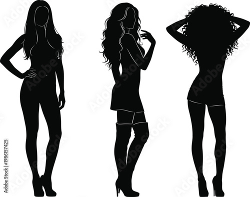 Fashion female silhouette silhouettes with diverse hairstyles and poses