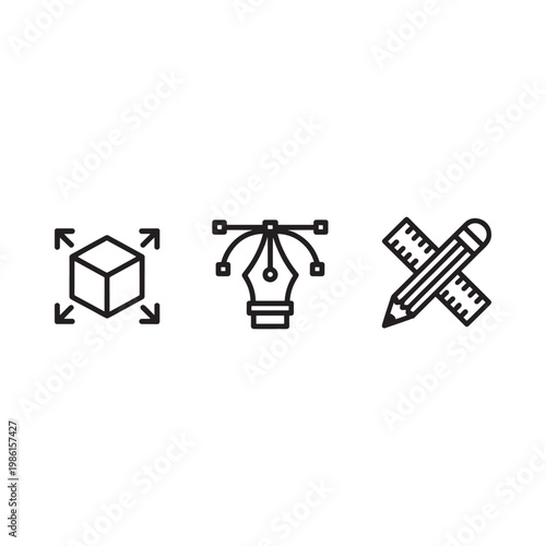 Graphic design tools cube pen nib and pencil with ruler icons