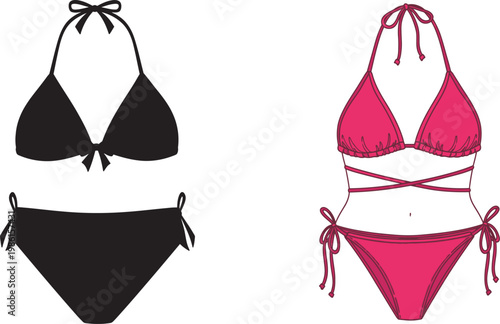 Black and pink bikini vector set isolated on transparent background
