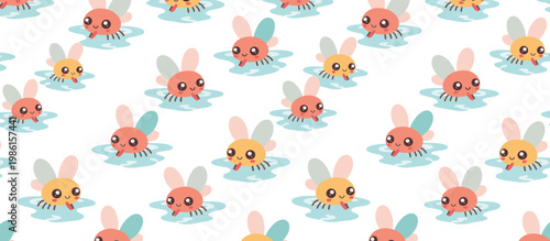 Seamless pattern of cartoon mosquitoes on water puddles. Flat design vector illustration isolated on transparent background