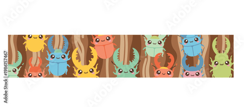 Horizontal banner with cartoon stag beetles on tree bark. Flat design vector illustration isolated on transparent background