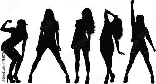 Female silhouettes set in various poses isolated on transparent background