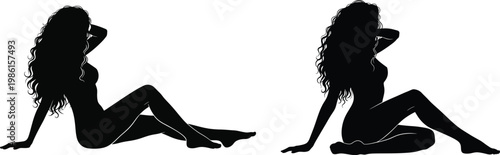 Female silhouettes sitting pose isolated on transparent background