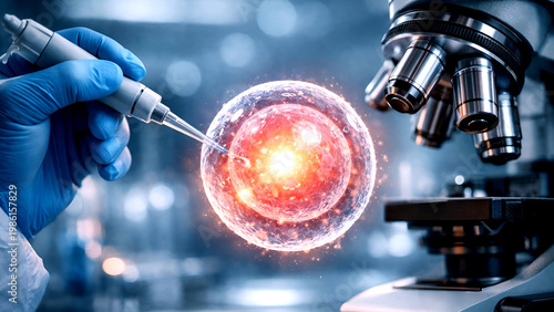 A laboratory scene with a gloved hand and pipette under a microscope, representing IVF concepts, fertility therapies, and advanced medical research in reproductive health.