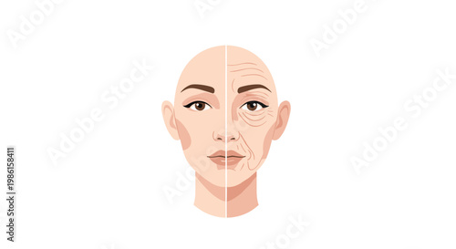 A bald female head is presented with a vertical split showing a smooth youthful face on the left and aged wrinkled skin on the right in bright light.