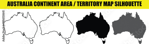 Australia continent area territory map silhouette set with outline solid and halftone dot variations on transparent backdrop.