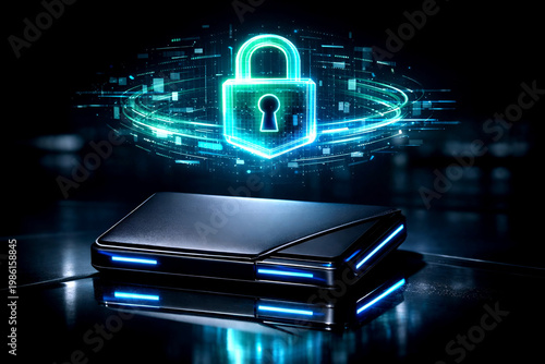 A high-tech wallet with a holographic lock and flowing data visuals, representing the fusion of smart home technology, secure finance, and digital innovation.