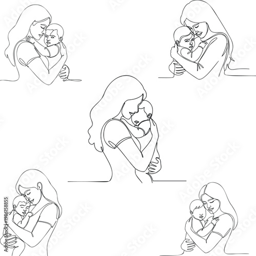 Continuous line art of mother holding baby tenderly with affection minimalist maternal