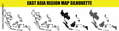 East asia region map silhouette set for graphic design vector illustration.
