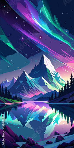 Majestic mountains under a vibrant aurora borealis night sky