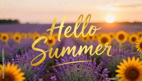 Hello Summer golden text over field of blooming lavender and sunflowers at sunset. Vacation and travel concept. Nature scenery for greeting card design and seasonal holiday background.