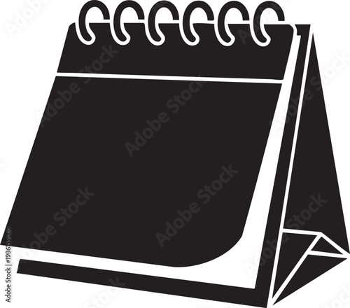 A black and white illustration of a spiral bound desk calendar on a plain white background for organization