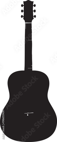 A black silhouette of an acoustic guitar on a plain white background for graphic design purposes