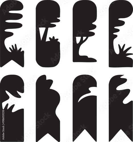 Collection of eight unique black silhouette shapes on white background for graphic design