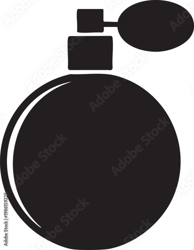 Black silhouette of perfume bottle with cap and atomizer on white background for design and branding purposes easily