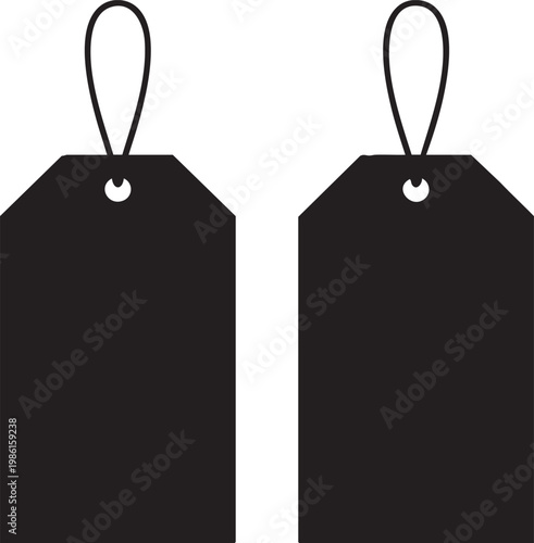 Two blank black price tags with strings on a white background for labeling purposes