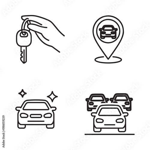 Line art icons depicting car rental keys location and vehicles