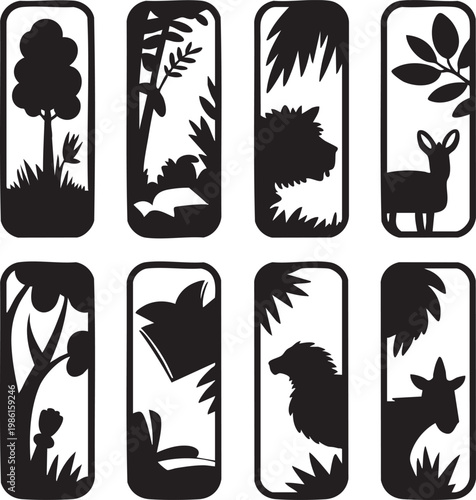 Set of eight black and white silhouettes of animals and plants in rounded rectangular frames on white background