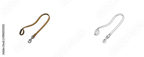 Pet leash cartoon illustrations in brown leather and black line styles with metal carabiner representing walking equipment for domestic animals on a white background