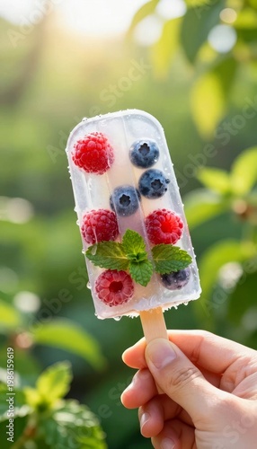 Hand holding fruit popsicle with raspberry, blueberry and mint. Cold summer dessert made of ice and berry. Refreshing healthy treat enjoyed in backyard garden during sunny day.
