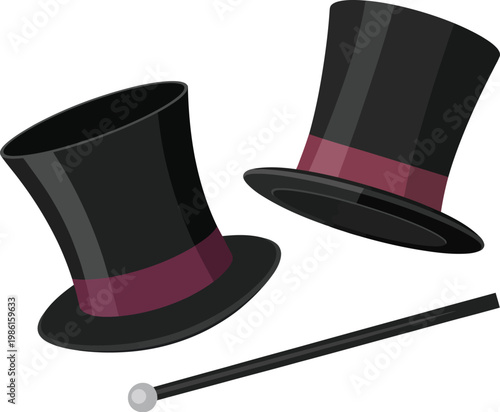 Top hat and cane vector set, elegant vintage gentleman accessories for fashion, luxury style, theatrical costumes, retro design, and creative illustration projects.