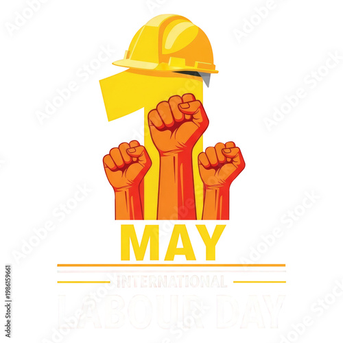 International labour day illustration with raised fists and hard hat isolated on transparent background