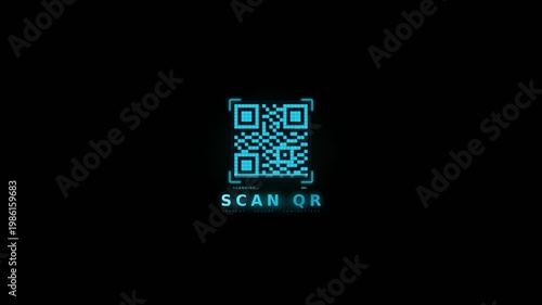 Animated glowing blue QR code scanning interface with digital HUD elements for secure mobile payments and information access concepts