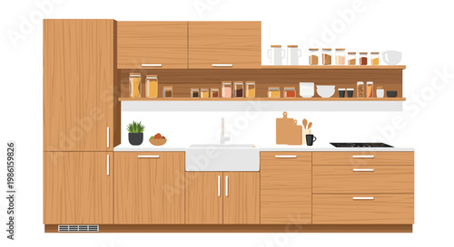 A modern kitchen interior features light wood cabinetry with a white farmhouse sink and open shelves stocked with numerous glass jars and ceramic dishes.
