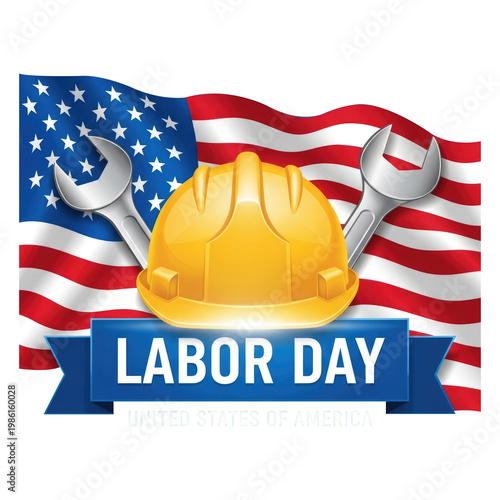 American labor day celebration with hard hat, wrenches, and Usa flag isolated on transparent background