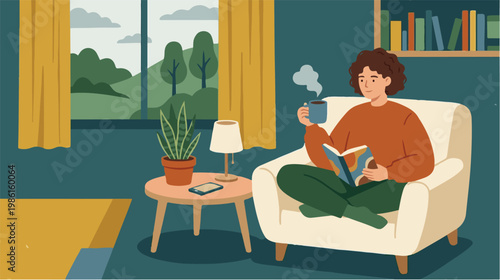 Cozy indoor scene of a person relaxing in an armchair, reading a book with a cup of tea by the window, creating a calm and comfortable atmosphere.