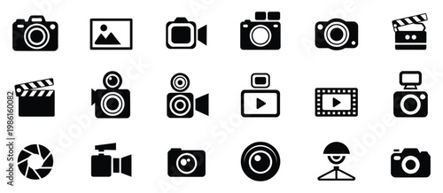 Photo and video icon set, photography image gallery and video camera symbols with diaphragm icon in modern line and flat vector style