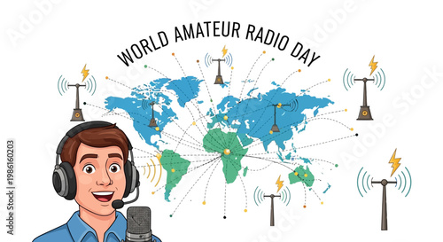 A cheerful cartoon radio operator with a headset is broadcasting on World Amateur Radio Day, depicted in a vector illustration showcasing global communication networks against a clean white