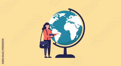 Woman standing next to globe.